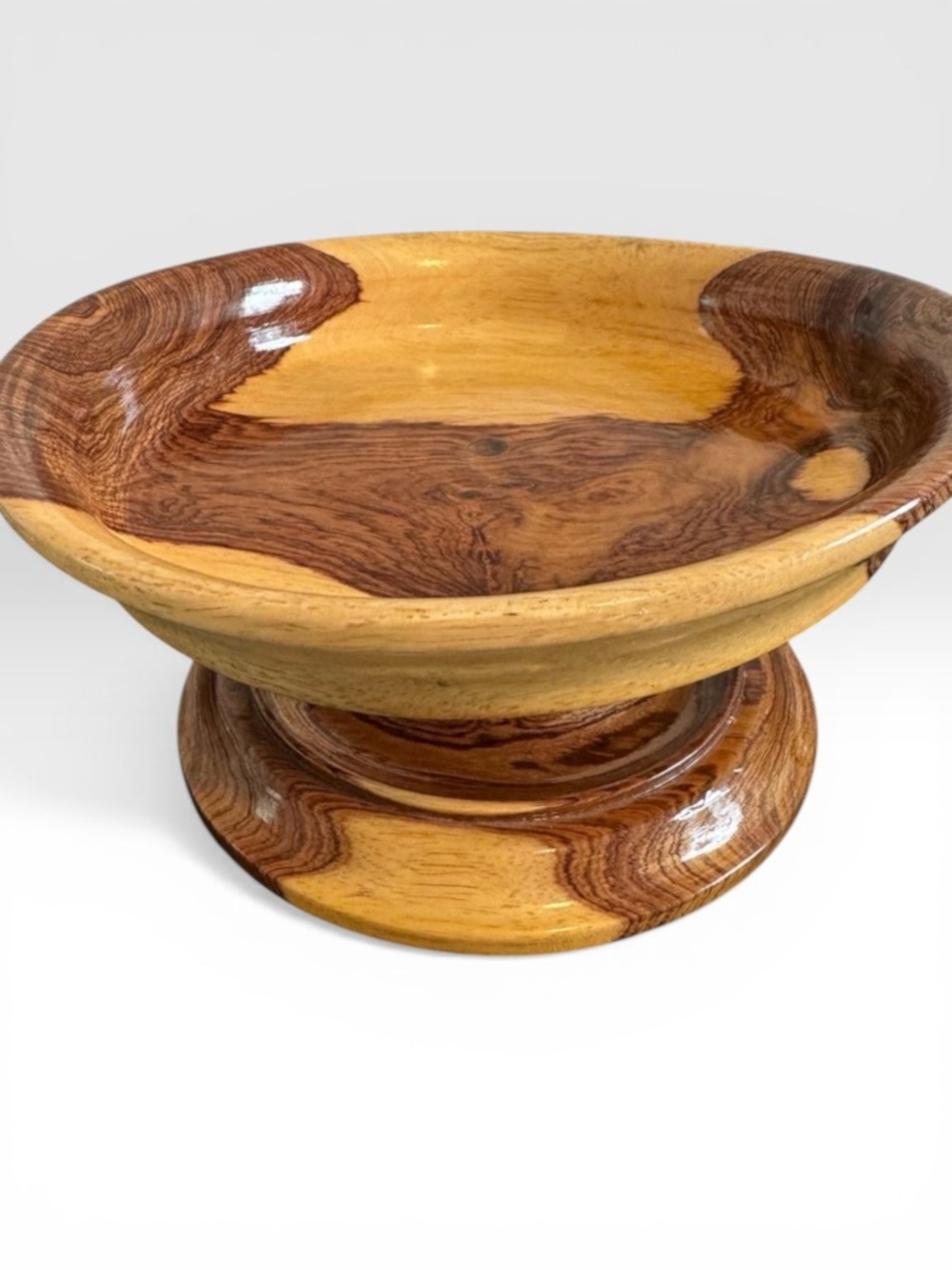 VTG Hand-Turned Wooden Pedestal Bowl - Two-Tone Natural Wood Mid Century 1970s